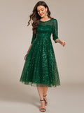 Sparkly A-Line Sequin Round Neck Wedding Guest Dress with 3/4 Sleeves