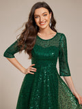 Sparkly A-Line Sequin Round Neck Wedding Guest Dress with 3/4 Sleeves