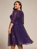Plus Size 3/4 Sleeve A-Line Round Neck Sequin Pleated Wedding Guest Dress