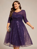 Plus Size 3/4 Sleeve A-Line Round Neck Sequin Pleated Wedding Guest Dress