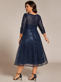 Plus Size 3/4 Sleeve A-Line Round Neck Sequin Pleated Wedding Guest Dress