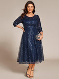 Plus Size 3/4 Sleeve A-Line Round Neck Sequin Pleated Wedding Guest Dress