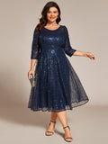 Plus Size 3/4 Sleeve A-Line Round Neck Sequin Pleated Wedding Guest Dress