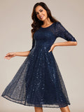 Sparkly A-Line Sequin Round Neck Wedding Guest Dress with 3/4 Sleeves