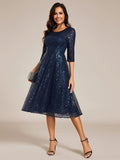 Sparkly A-Line Sequin Round Neck Wedding Guest Dress with 3/4 Sleeves