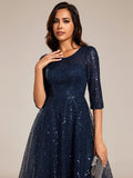 Sparkly A-Line Sequin Round Neck Wedding Guest Dress with 3/4 Sleeves