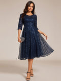 Sparkly A-Line Sequin Round Neck Wedding Guest Dress with 3/4 Sleeves