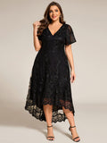 Embroidered A-Line Plus Size Short Sleeves V-Neck Wedding Guest Dress