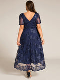 Embroidered A-Line Plus Size Short Sleeves V-Neck Wedding Guest Dress