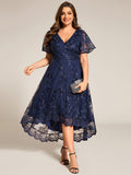 Embroidered A-Line Plus Size Short Sleeves V-Neck Wedding Guest Dress