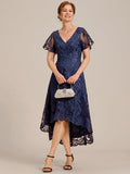 A-Line Lace Embroidered V-Neck Mother of the Bride Dress with Sleeves