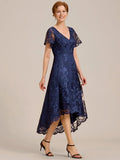 A-Line Lace Embroidered V-Neck Mother of the Bride Dress with Sleeves