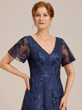A-Line Lace Embroidered V-Neck Mother of the Bride Dress with Sleeves