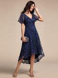 A-Line Embroidered V-Neck Short Sleeves Empire-Waist Wedding Guest Dress