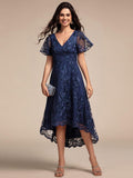 A-Line Embroidered V-Neck Short Sleeves Empire-Waist Wedding Guest Dress