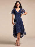 A-Line Embroidered V-Neck Short Sleeves Empire-Waist Wedding Guest Dress