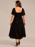 Plus Size A-Line Printed Velvet Short Sleeve Tea Length Wedding Guest Dress