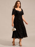Plus Size A-Line Printed Velvet Short Sleeve Tea Length Wedding Guest Dress