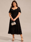 Plus Size A-Line Printed Velvet Short Sleeve Tea Length Wedding Guest Dress