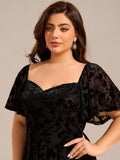 Plus Size A-Line Printed Velvet Short Sleeve Tea Length Wedding Guest Dress