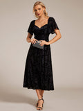 Elegant A-Line Floral Short Sleeve Tea Length Velvet Wedding Guest Dress
