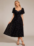 Elegant A-Line Floral Short Sleeve Tea Length Velvet Wedding Guest Dress