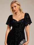 Elegant A-Line Floral Short Sleeve Tea Length Velvet Wedding Guest Dress