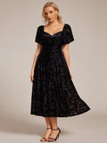 Elegant A-Line Floral Short Sleeve Tea Length Velvet Wedding Guest Dress
