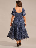 Plus Size A-Line Printed Velvet Short Sleeve Tea Length Wedding Guest Dress