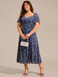 Plus Size A-Line Printed Velvet Short Sleeve Tea Length Wedding Guest Dress
