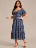 Plus Size A-Line Printed Velvet Short Sleeve Tea Length Wedding Guest Dress