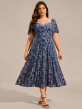 Plus Size A-Line Printed Velvet Short Sleeve Tea Length Wedding Guest Dress