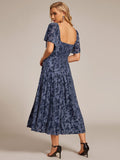 Elegant A-Line Floral Short Sleeve Tea Length Velvet Wedding Guest Dress