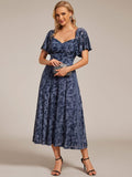 Elegant A-Line Floral Short Sleeve Tea Length Velvet Wedding Guest Dress