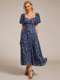 Elegant A-Line Floral Short Sleeve Tea Length Velvet Wedding Guest Dress