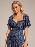 Elegant A-Line Floral Short Sleeve Tea Length Velvet Wedding Guest Dress