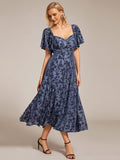 Elegant A-Line Floral Short Sleeve Tea Length Velvet Wedding Guest Dress