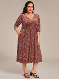 Plus Size A-Line Half Sleeves Floral Velvet Wedding Guest Dress with Pockets