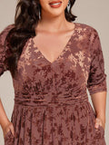 Plus Size A-Line Half Sleeves Floral Velvet Wedding Guest Dress with Pockets