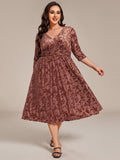 A-Line Floral Velvet V-Neck Pleated Wedding Guest Dress with Sleeves