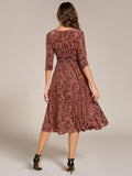 A-Line Floral Velvet V-Neck Pleated Wedding Guest Dress with Sleeves