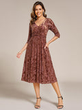 A-Line Floral Velvet V-Neck Pleated Wedding Guest Dress with Sleeves