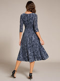 A-Line Floral Velvet V-Neck Pleated Wedding Guest Dress with Sleeves