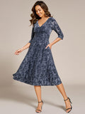 A-Line Floral Velvet V-Neck Pleated Wedding Guest Dress with Sleeves