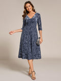 A-Line Floral Velvet V-Neck Pleated Wedding Guest Dress with Sleeves