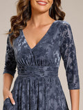 A-Line Floral Velvet V-Neck Pleated Wedding Guest Dress with Sleeves