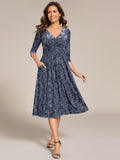 A-Line Floral Velvet V-Neck Pleated Wedding Guest Dress with Sleeves