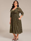 Plus Size A-Line Half Sleeves Floral Velvet Wedding Guest Dress with Pockets