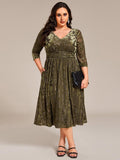 A-Line Floral Velvet V-Neck Pleated Wedding Guest Dress with Sleeves