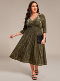Plus Size A-Line Half Sleeves Floral Velvet Wedding Guest Dress with Pockets